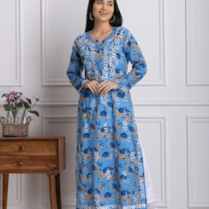 Blue Floral Print Chikankari kurta