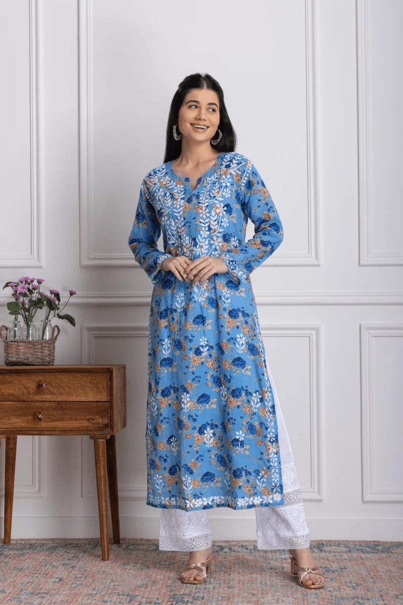 Blue Floral Print Chikankari kurta